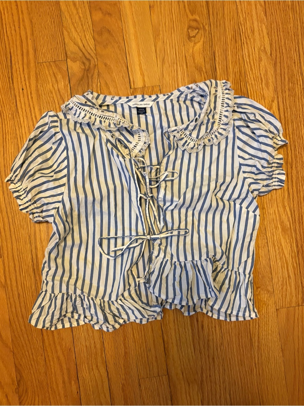 American Eagle Outfitters Blue and White Striped Lace-Up Peplum Blouse